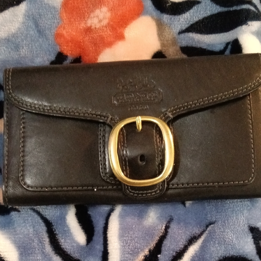 Coach Black Leather Wallet with Gold Buckle